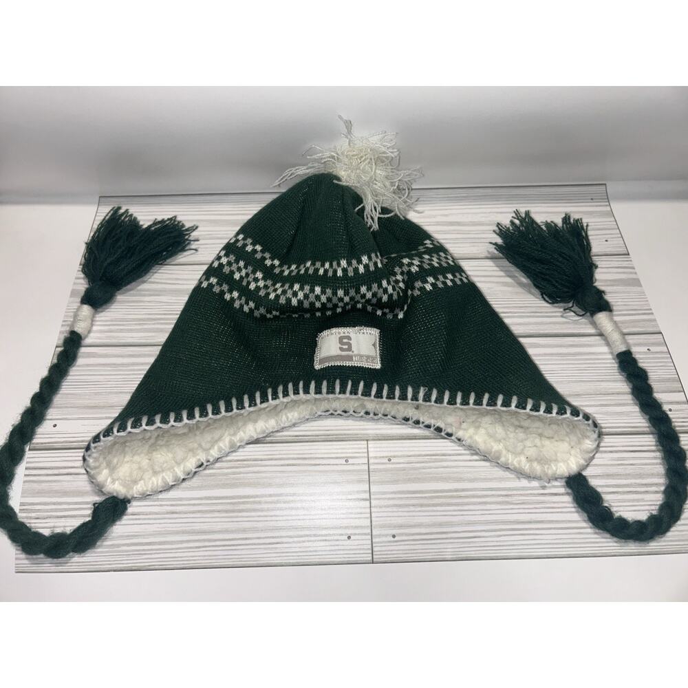 Toddler mSU Beanie Hat One Size Boys Girls Sherpa Lined Green White
